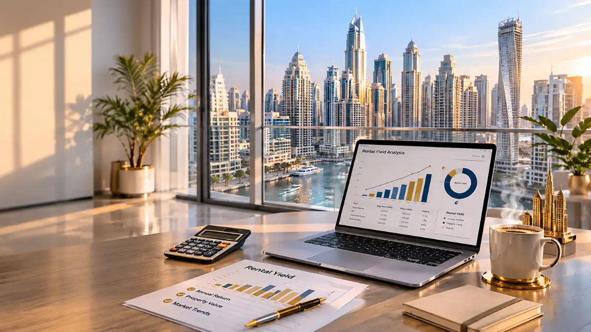 What rental yield can you get in Dubai — Dubai Marina skyline view with rental yield analysis charts on a laptop, calculator, investment documents, and luxury real estate market workspace for property investors.