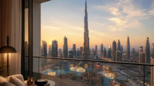 Apartment in Dubai Burj Khalifa with panoramic skyline views from a luxury living room overlooking the Burj Khalifa at sunset.