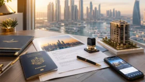 Buying Property in Dubai Rules concept showing Dubai Marina skyline with property documents, passport, real estate model, smartphone app, and investment paperwork on a luxury office desk.