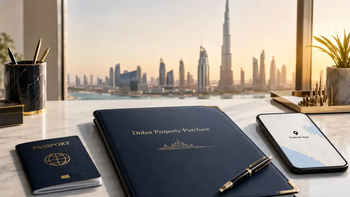 Buying a house in Dubai law guide featuring a property purchase agreement, passport, location map, and Dubai skyline, illustrating the legal process of purchasing real estate in Dubai.