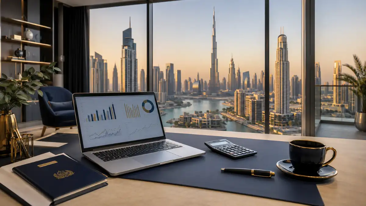 Buying property in Dubai for investment – modern office workspace overlooking Downtown Dubai skyline with financial reports, laptop, calculator, and Burj Khalifa view.