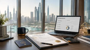 Can Foreigners Get a Mortgage in Dubai concept showing mortgage approval documents, passport, calculator, and laptop with Dubai Marina skyline view from a luxury apartment office