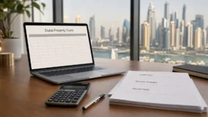 Do you pay tax on property in Dubai – modern office desk with laptop showing Dubai property costs, calculator, and real estate investment documents overlooking the Dubai skyline.