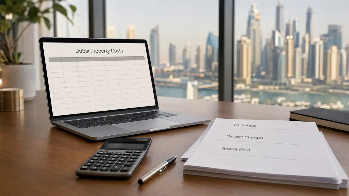 Do you pay tax on property in Dubai – modern office desk with laptop showing Dubai property costs, calculator, and real estate investment documents overlooking the Dubai skyline.