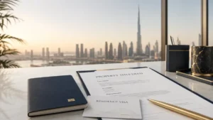 Luxury Dubai property title deed and residence visa documents on a modern office desk overlooking the Dubai skyline, illustrating how buying a property in Dubai gives you residency opportunities.