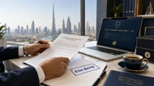 Dubai Off Plan Escrow process illustrated by a property purchase agreement, secure transaction dashboard, and investor reviewing real estate documents with the Dubai skyline in the background.