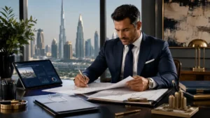 Dubai Property Due Diligence expert reviewing real estate documents and investment plans in a modern Dubai office overlooking the city skyline.