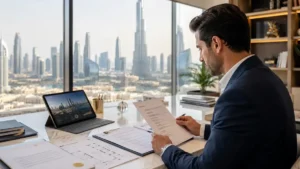 Dubai Property Due Diligence consultant reviewing real estate documents and investment reports in a modern Dubai office overlooking the city skyline.