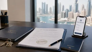 Dubai Property Legal Process showing approved sale and purchase agreement, passport, property documents, keys, and digital transfer appointment in a Dubai real estate office.
