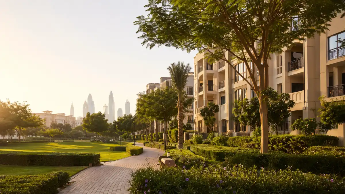 Dubai The Greens residential community with landscaped gardens, luxury apartments, tree-lined walkways, and scenic urban living in Dubai.