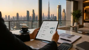 Dubai property investment benefits displayed on a digital tablet in a luxury apartment overlooking the Dubai skyline, highlighting rental yields, occupancy rates, and real estate performance.