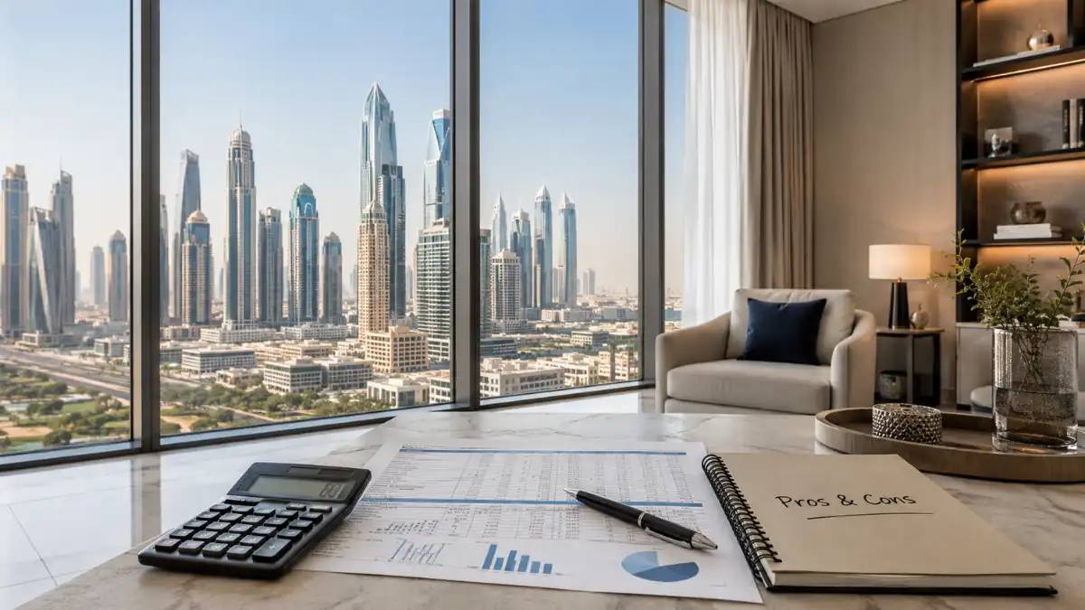 Dubai property investment pros and cons overview with luxury apartment skyline view, financial charts, calculator, and investment analysis notebook in a modern Dubai high-rise interior