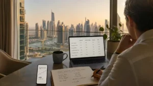 Dubai property investment return analysis showing rental yield calculations and market data on a laptop overlooking the Dubai Marina skyline.