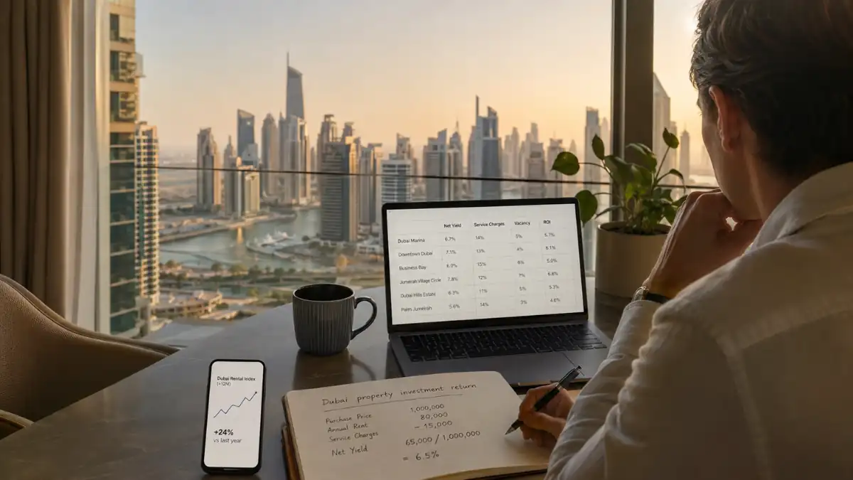 Dubai property investment return analysis showing rental yield calculations and market data on a laptop overlooking the Dubai Marina skyline.