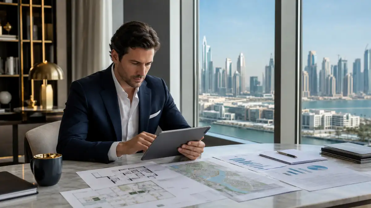 Businessman reviewing real estate plans and market reports as part of a Dubai property investment strategy in a luxury office overlooking Dubai's skyline.