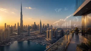 Dubai property market forecast illustrated by the Dubai skyline with Burj Khalifa and financial growth charts representing real estate market trends.