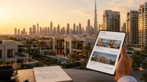 Luxury villas and Dubai skyline viewed from a terrace with a real estate app showing property listings, illustrating how much does house cost in Dubai.