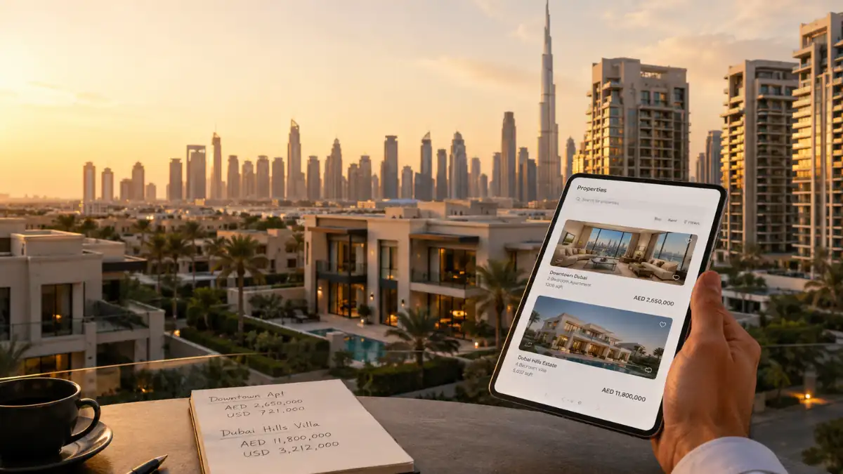 Luxury villas and Dubai skyline viewed from a terrace with a real estate app showing property listings, illustrating how much does house cost in Dubai.