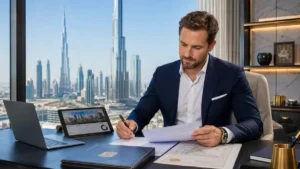 Professional real estate investor reviewing property documents in a Dubai office with the city skyline, answering the question: Is buying property in Dubai safe?
