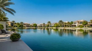 Luxury waterfront villas overlooking a tranquil lake in Jumeirah Islands, Dubai with lush landscaping and palm trees.