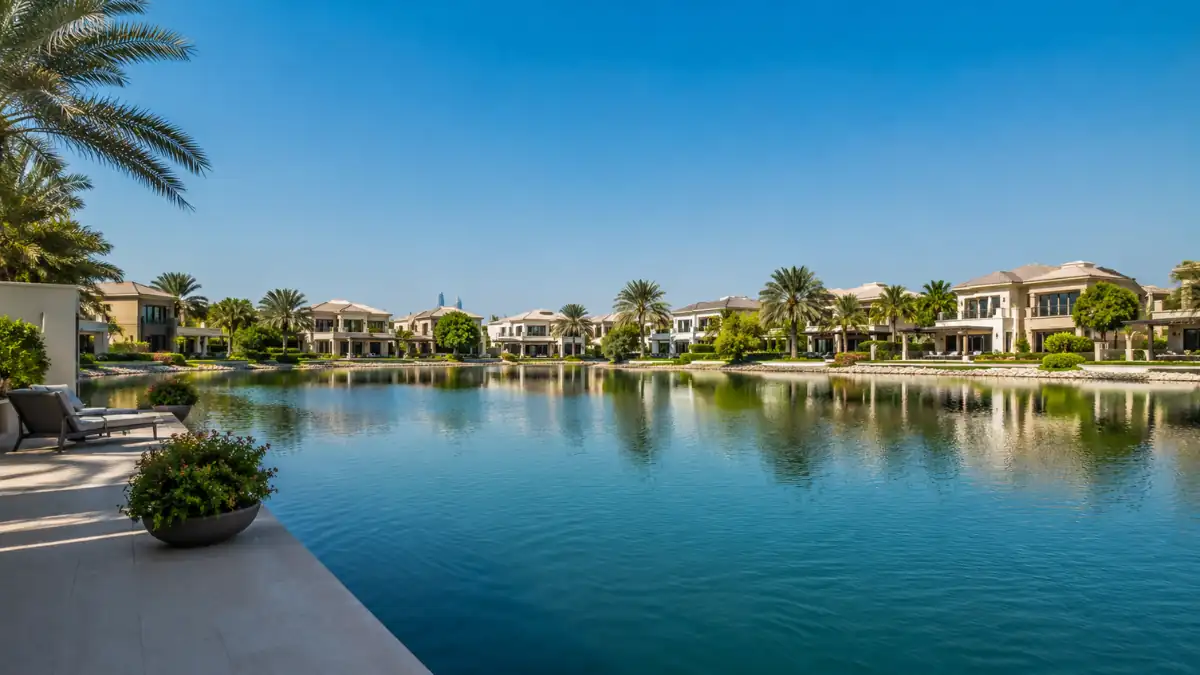 Luxury waterfront villas overlooking a tranquil lake in Jumeirah Islands, Dubai with lush landscaping and palm trees.