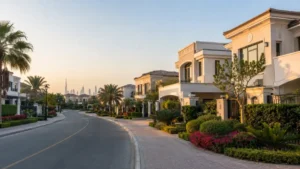 Jumeirah Park residential community featuring luxury villas, landscaped gardens, and palm-lined streets in Dubai.