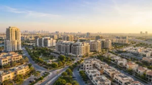 Aerial view of Jumeirah Village Circle featuring modern residential apartments, landscaped streets, villas, and green spaces with the Dubai skyline visible in the distance.