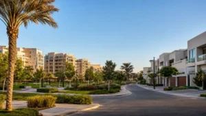Landscaped residential community in Jumeirah Village Triangle featuring modern villas, apartment buildings, palm trees, and green park spaces in Dubai.