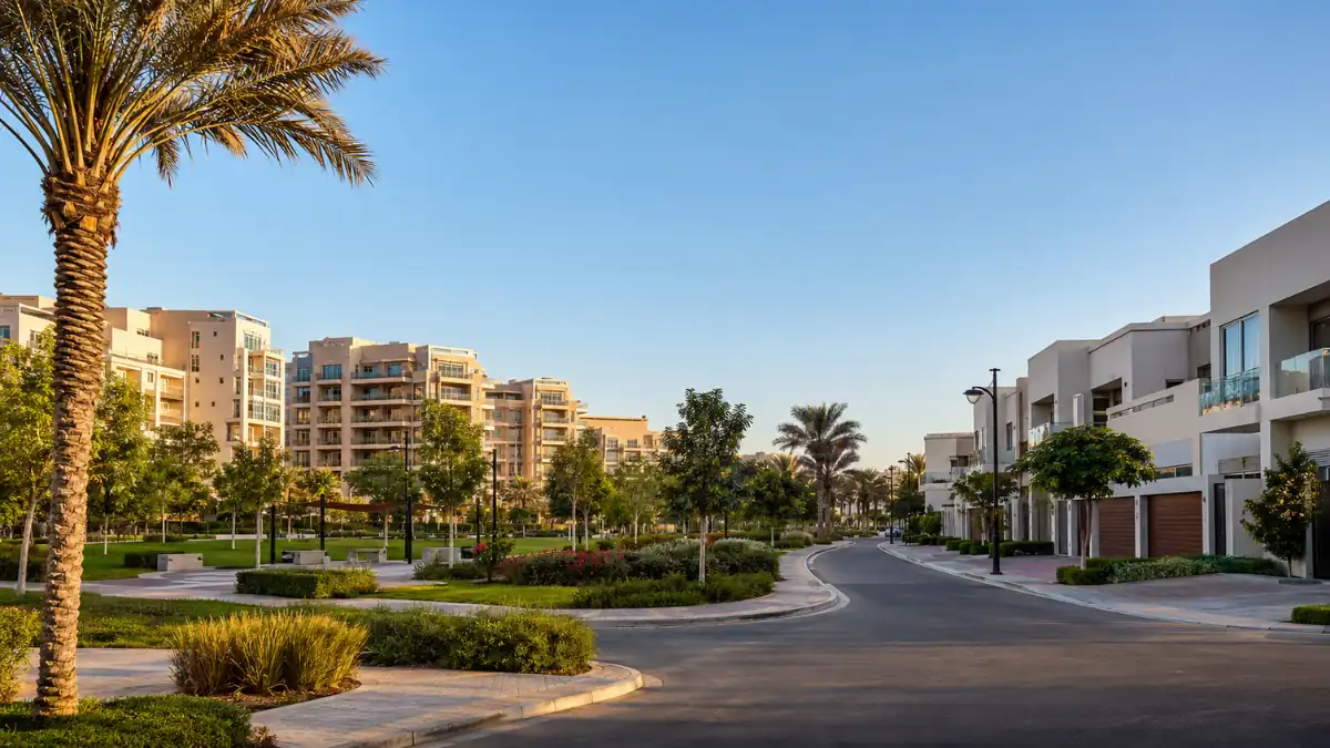 Landscaped residential community in Jumeirah Village Triangle featuring modern villas, apartment buildings, palm trees, and green park spaces in Dubai.