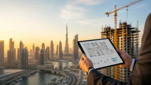Off plan Dubai property development overlooking Downtown Dubai with the Burj Khalifa, construction site, and digital building floor plans at sunset.