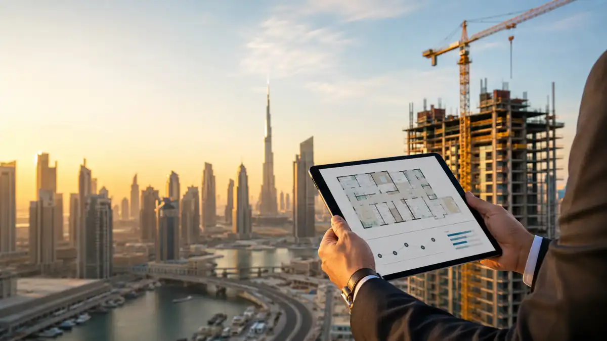 Off plan Dubai property development overlooking Downtown Dubai with the Burj Khalifa, construction site, and digital building floor plans at sunset.
