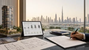 Off plan property Dubai meaning explained through a luxury real estate investment scene featuring architectural models, floor plans, construction timeline, and Dubai skyline view.