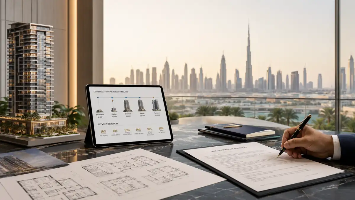Off plan property Dubai meaning explained through a luxury real estate investment scene featuring architectural models, floor plans, construction timeline, and Dubai skyline view.