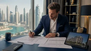 Professional reviewing architectural plans for an off plan property investment Dubai project in a modern office overlooking the Dubai skyline.