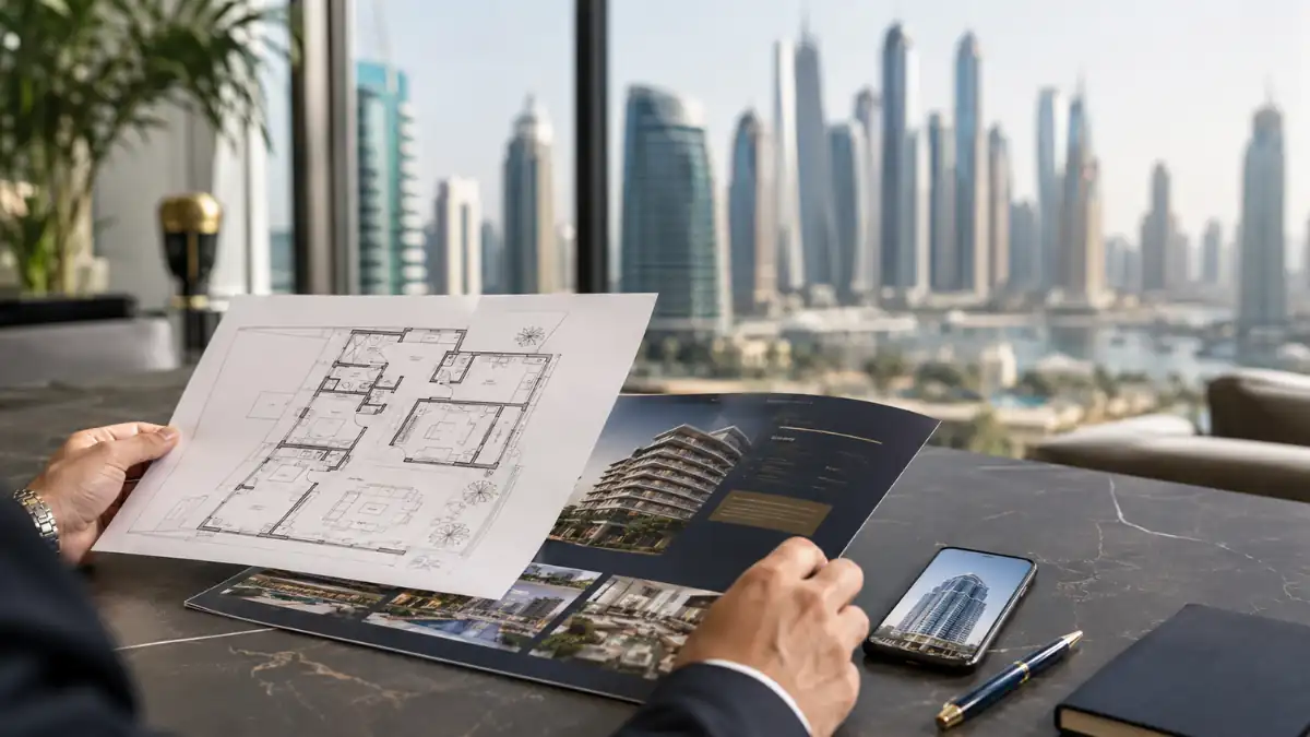 What is off plan property: investor reviewing luxury off-plan apartment floor plans and property brochure with Dubai skyline view.