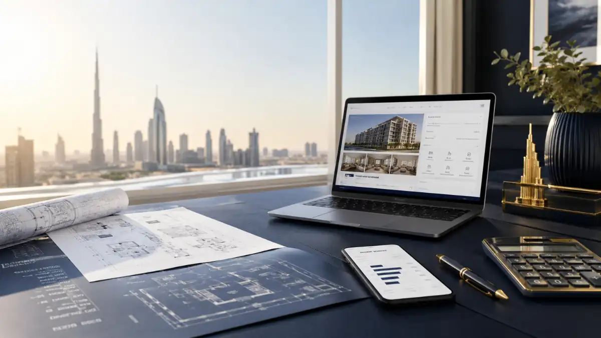 What is off plan property investment: architectural plans, property development documents, financial analysis tools, and a real estate investment dashboard overlooking the Dubai skyline.