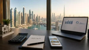 What is the average property price in Dubai – real estate market analysis workspace with Dubai Marina skyline, property listings, calculator, and investment data on a laptop.