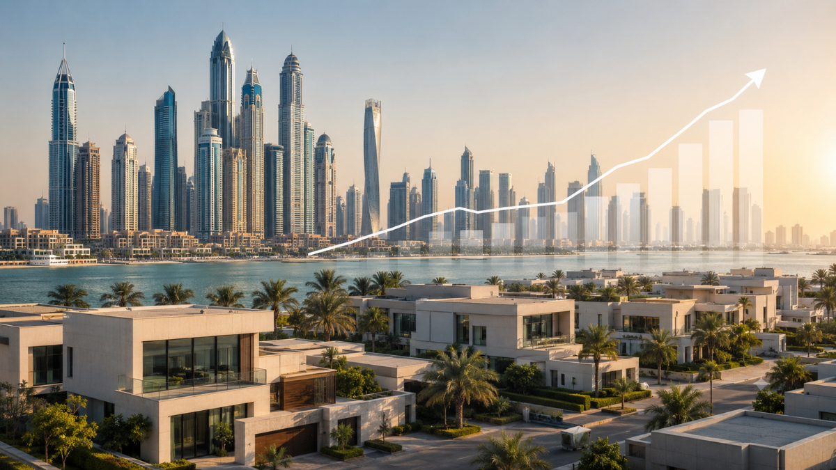 Are Dubai property prices rising? Modern luxury villas in the foreground with Dubai Marina's iconic skyline and an upward-trending real estate graph illustrating the growth of Dubai property prices and the city's booming real estate market.