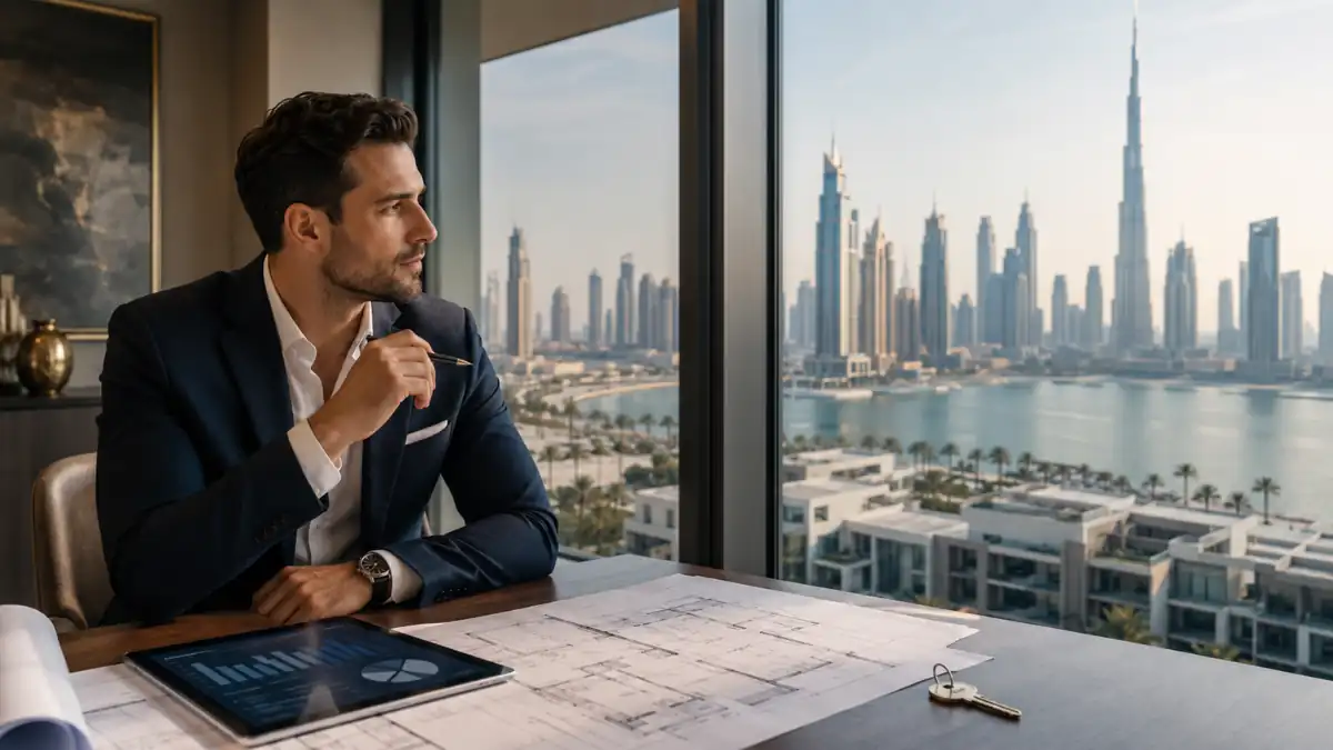 Buying Dubai real estate consultation with a professional investor reviewing property plans in a luxury office overlooking the Dubai skyline and Burj Khalifa.