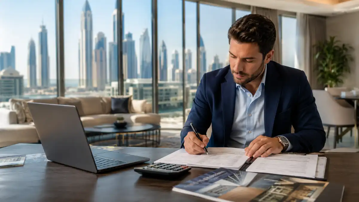 Can you get a mortgage in Dubai as a foreigner? Professional reviewing mortgage documents with a laptop and calculator overlooking Dubai's skyline, illustrating foreign property financing.