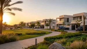 Modern luxury villas overlooking landscaped park in Damac Hills 2, Dubai, featuring contemporary homes, palm-lined streets, green spaces, and a family-friendly community.