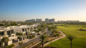 Damac Hills luxury villas overlooking the Trump International Golf Club Dubai, showcasing modern homes, landscaped streets, and premium community living.