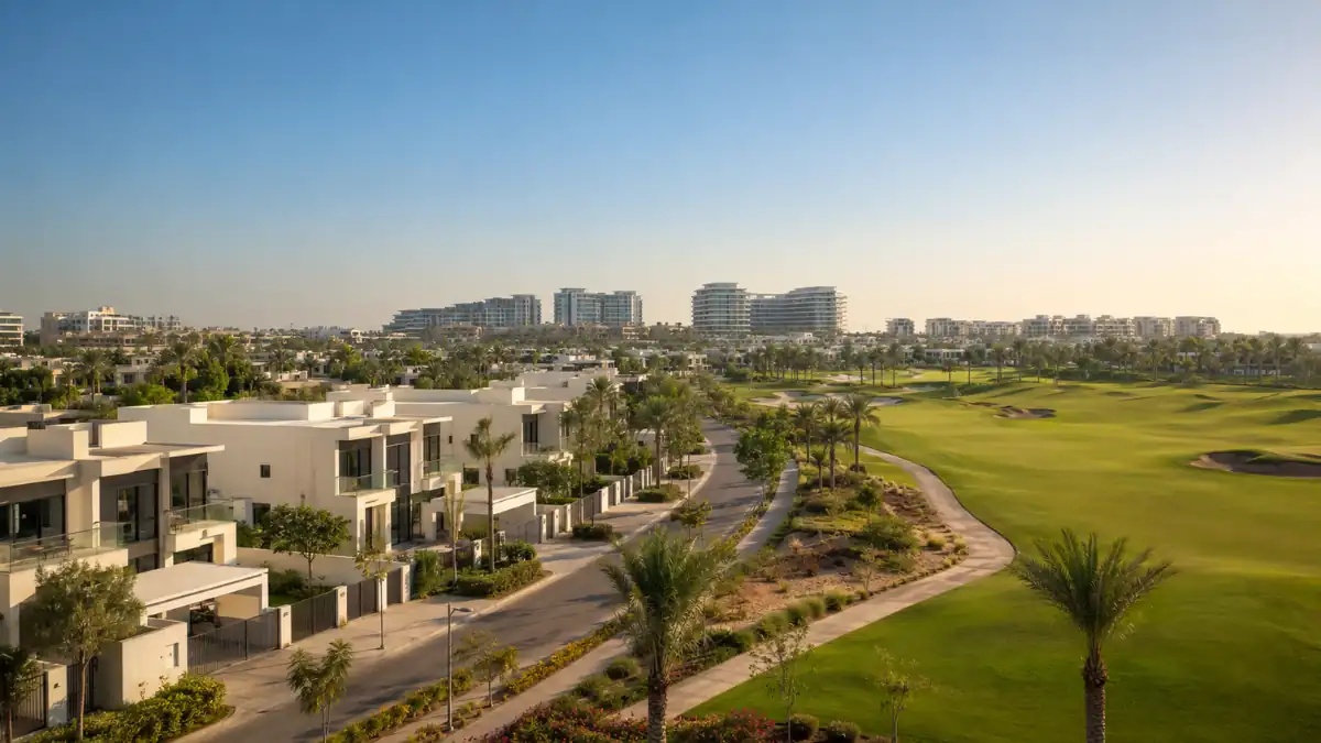 Damac Hills luxury villas overlooking the Trump International Golf Club Dubai, showcasing modern homes, landscaped streets, and premium community living.