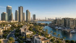 Dubai Property overlooking a luxury waterfront marina with modern high-rise apartments, villas, yachts, and the iconic Dubai skyline.
