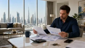 Dubai Property Annual Costs guide showing a property owner reviewing financial documents and expense reports in a modern Dubai apartment.