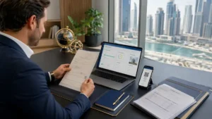 Dubai Property Scam Protection – real estate investor reviewing property documents and digital verification tools in a modern Dubai office to ensure secure property transactions.