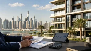 Dubai Property Tax guide with real estate investment analysis overlooking Dubai Marina skyline and luxury waterfront apartments.