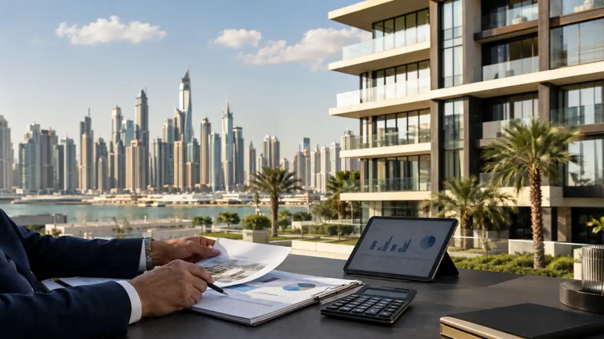 Dubai Property Tax guide with real estate investment analysis overlooking Dubai Marina skyline and luxury waterfront apartments.