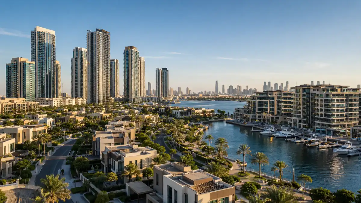 Dubai Property overlooking a luxury waterfront marina with modern high-rise apartments, villas, yachts, and the iconic Dubai skyline.