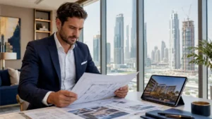 Dubai off plan property for sale consultation with a real estate expert reviewing architectural plans and luxury development options overlooking the Dubai skyline.